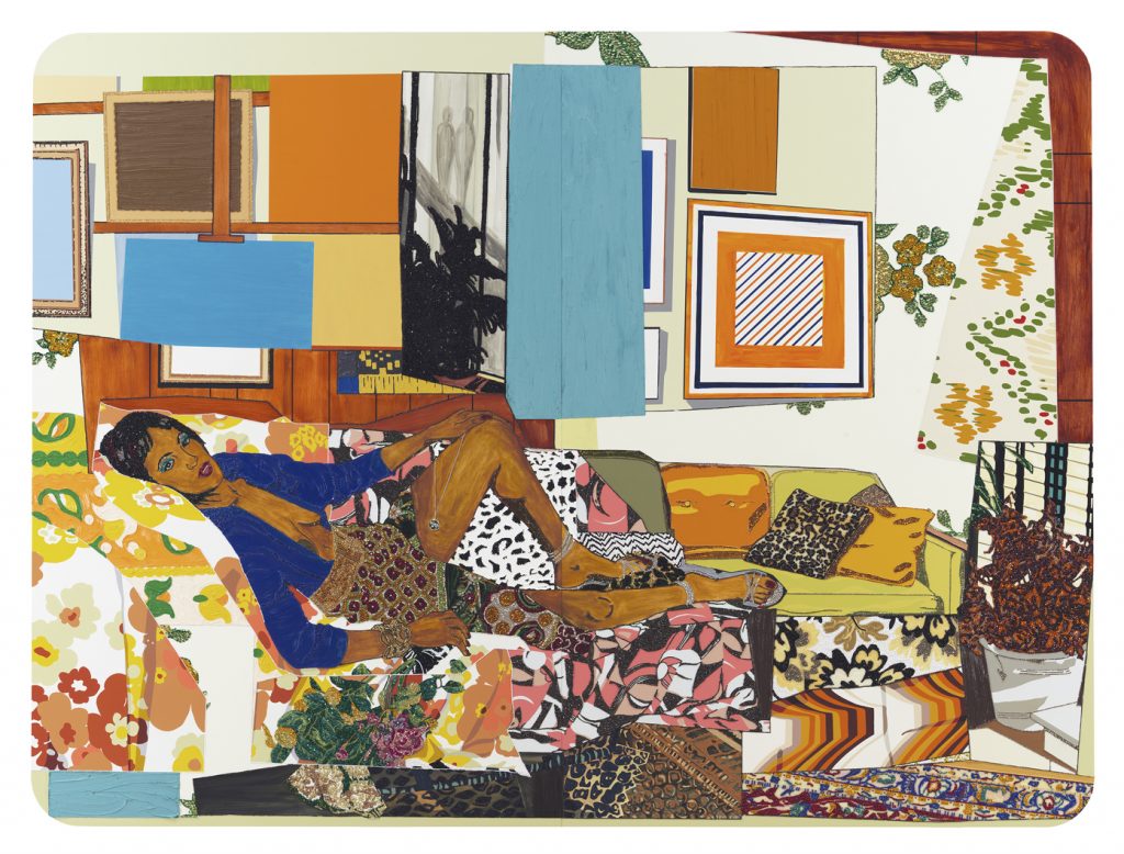 Mickalene Thomas, Tamika sur une chaise longue avec Monet, 2012, 