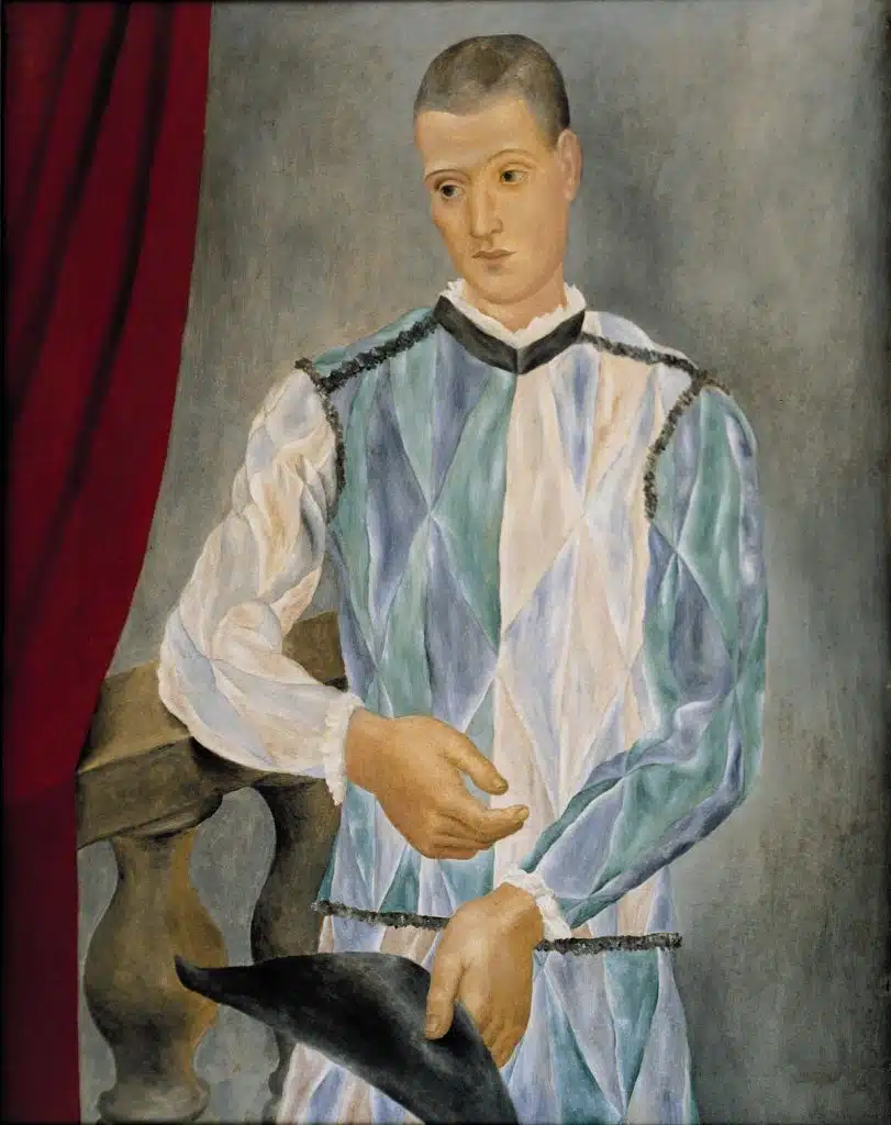 A pintura Harlequin, de 1917, nasceu como um estudo para o espetáculo criado para o Balé Russ